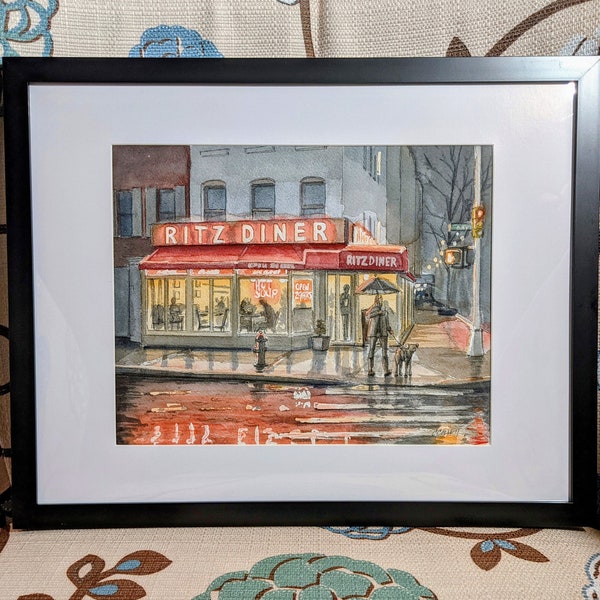 The Rainy Ritz NYC Diner - Watercolor 8x10 11x14 16x20 Giclee Print Classic New York City Diner, Upper East Side, Manhattan