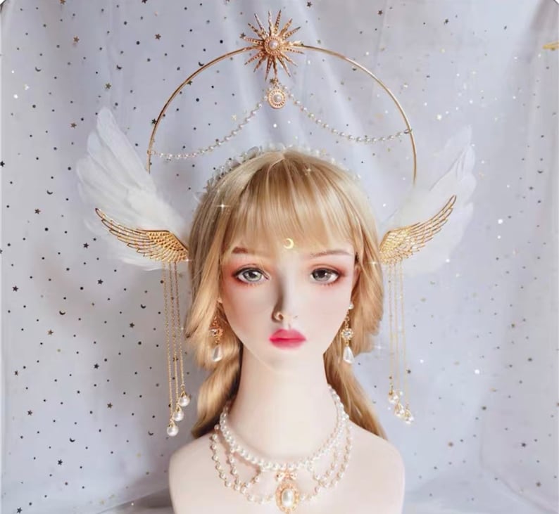 Sunny Angel Wings Dangling Pearls Halo Headband Set Bridal - Etsy