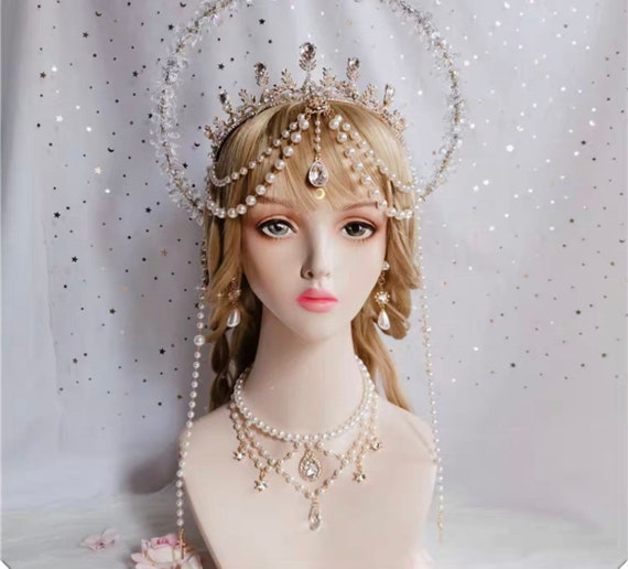 Elven Princess Dangling Pearl Tiara Halo Headband Set Bridal - Etsy