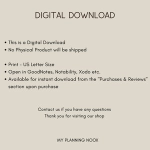 Puede incluir: Informaci&oacute;n sobre la descarga digital. Esta es una descarga digital, no se enviar&aacute; ning&uacute;n producto f&iacute;sico. Imprimir en tama&ntilde;o carta de EE. UU. Abrir en GoodNotes, Notability, Xodo, etc. Disponible para descarga instant&aacute;nea desde la secci&oacute;n "Compras y rese&ntilde;as" despu&eacute;s de la compra. Cont&aacute;ctanos si tienes alguna pregunta. Gracias por visitar nuestra tienda. MY PLANNING NOOK.