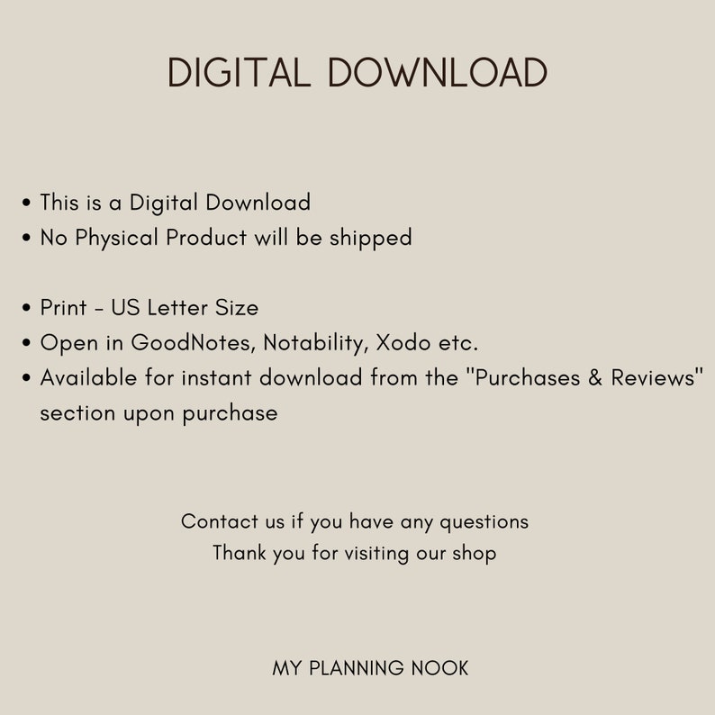 Puede incluir: Informaci&oacute;n sobre la descarga digital. Esta es una descarga digital, no se enviar&aacute; ning&uacute;n producto f&iacute;sico. Imprimir en tama&ntilde;o carta de EE. UU. Abrir en GoodNotes, Notability, Xodo, etc. Disponible para descarga instant&aacute;nea desde la secci&oacute;n "Compras y rese&ntilde;as" despu&eacute;s de la compra. Cont&aacute;ctanos si tienes alguna pregunta. Gracias por visitar nuestra tienda. MY PLANNING NOOK.