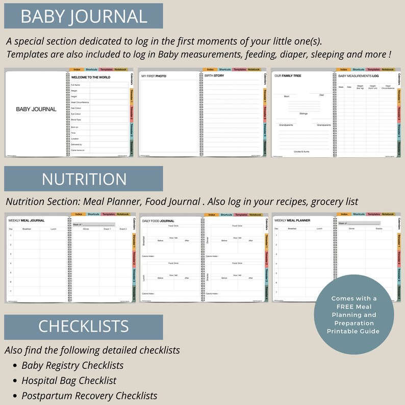 Puede incluir: Un diario para beb&eacute;s con pesta&ntilde;as y secciones coloridas para llevar un registro de los hitos del beb&eacute;, la nutrici&oacute;n y las listas de verificaci&oacute;n. El diario incluye secciones para "Bienvenido al mundo", "Mi primera foto", "Historia del nacimiento", "Nuestro &aacute;rbol geneal&oacute;gico", "Registro de medidas del beb&eacute;", "Diario de comidas semanales", "Diario de alimentos diarios", "Planificador de comidas semanales" y "Listas de verificaci&oacute;n".