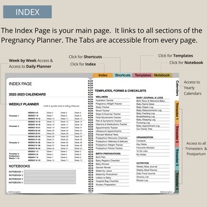 Puede incluir: Un planificador de embarazo con una portada colorida y pesta&ntilde;as para cada secci&oacute;n. El planificador incluye calendarios semanales, plantillas, formularios y listas de verificaci&oacute;n para realizar un seguimiento de los hitos del embarazo y los preparativos para el beb&eacute;.