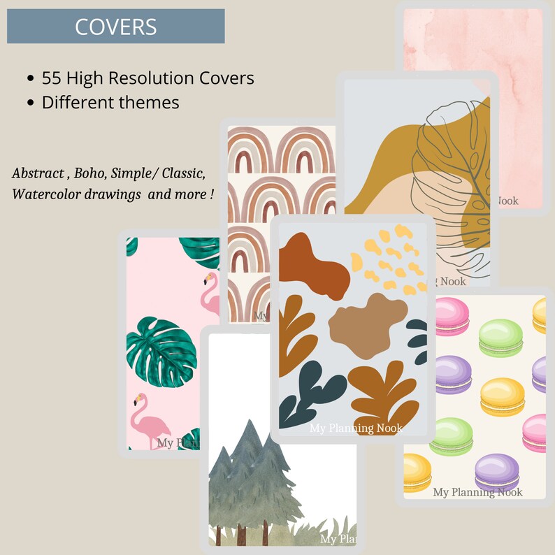 Puede incluir: Una colecci&oacute;n de portadas de planificadores digitales con varios dise&ntilde;os, incluyendo arco&iacute;ris, hojas, flamencos y macarons. Las portadas son de varios colores, incluyendo rosa, azul, verde y marr&oacute;n. El texto "My Planning Nook" aparece en varias de las portadas.