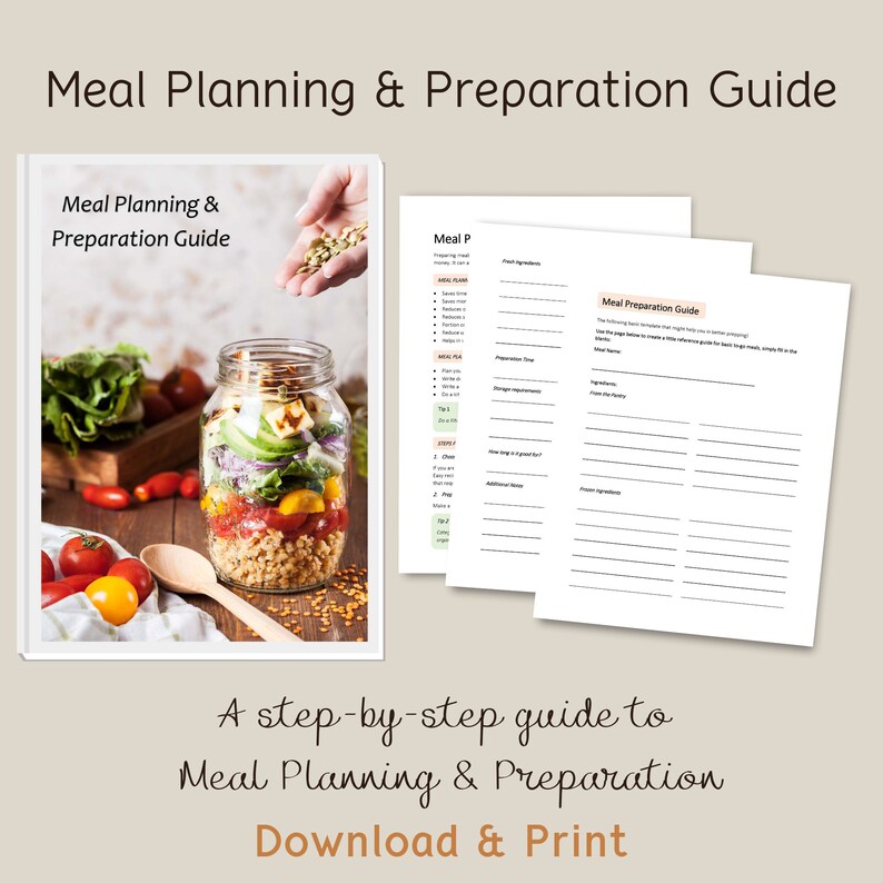 Puede incluir: Una gu&iacute;a de planificaci&oacute;n y preparaci&oacute;n de comidas imprimible con una ensalada colorida en un frasco en la portada. La gu&iacute;a incluye secciones para la planificaci&oacute;n de comidas, el tiempo de preparaci&oacute;n, los requisitos de almacenamiento y notas adicionales.