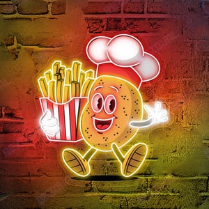 French Fries Neon Sign Potato Chef LED Wall Light Fun Fast Food Neon Decor Snack Bar Cartoon Neon Sign Restaurant Takeout Shop Window Light