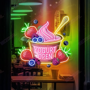 Yogurt Open Neon Sign Yogurt LED Lights Frozen Fruit Yogurt Neon Sign Custom Coffee Bar Ice Cream Shop Decors Open Yogurt Store Wall Art