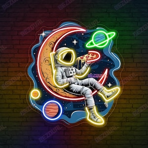 Astronaut Pizza Neon Sign Astronaut Moon Neon Light Custom Business Logo Pizza Neon Sign Space Light Planet LED Sign Home Bar Room Wall Art