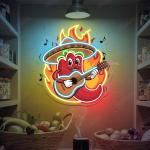 Chili Pepper Neon Sign Guitar Mexican Restaurant Wall Light Taquerias Taco Stands Cantinas Spicy Food Decor Chili Mexican Pepper Wall Art