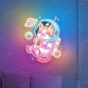 Astronaut Cat Neon Sign Drinking Bubble Tea LED Boba Tea Shop Neon Sign Kawaii Wall Decors For Kids Rooms Cat Lovers Galaxy Themed Bedrooms