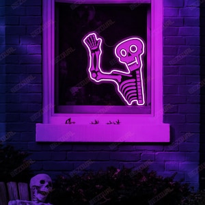 Skeleton Waving Neon Sign Halloween Skull Bones LED Wall Light Spooky Window Party Decoration Spooky Window Skeleton Creepy Skull Led Light
