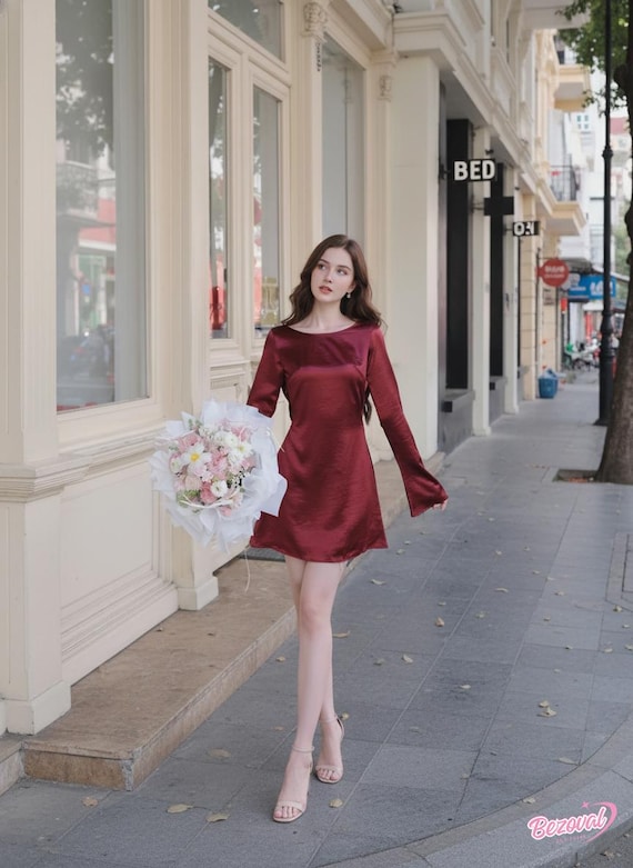 long sleeve mini dress holiday party Elegant Wine Red Silk Sleeves A-Line Silhouette Shiny Satin Finish Evening Looks Blush Pink Dress Ivory Silk cocktail dress