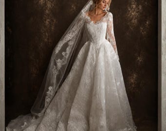 Vestido de novia a medida, vestido de novia de gala, vestido de novia de manga larga, vestido de novia de encaje, vestido de novia de princesa, velo catedral