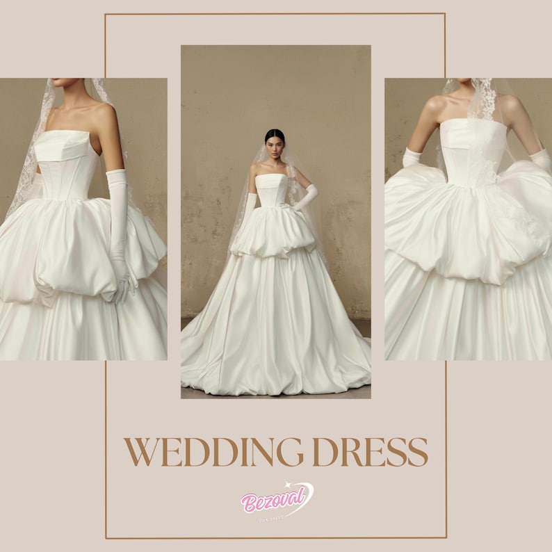 Puede incluir: Un vestido de novia blanco sin tirantes con una falda voluminosa y un corpi&ntilde;o estructurado. El vestido presenta un dise&ntilde;o en capas y se combina con guantes blancos largos y un velo. La imagen incluye el texto "WEDDING DRESS" y un logotipo.