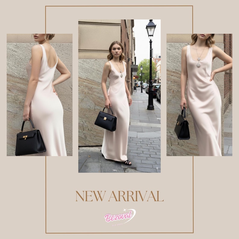 May include: A light pink, sleeveless, floor-length dress. The dress is paired with a black handbag. The image is framed with a beige border and includes the text "NEW ARRIVAL" and a logo.