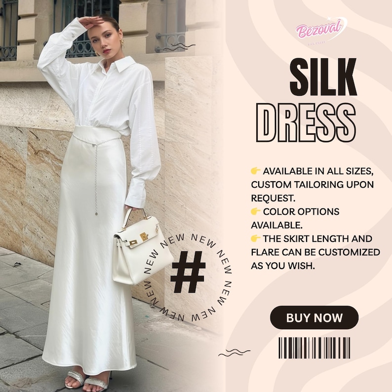 May include: A woman wearing a white silk dress with a matching white button-down shirt and holding a white handbag. The image includes text that says "SILK DRESS" and "BUY NOW". The dress is available in all sizes and can be customized.