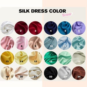 Puede incluir: Carta de colores para vestidos de seda con 24 muestras de tela en varios colores. Las muestras circulares est&aacute;n numeradas e incluyen blanco, rojo, azul, rosa, dorado, verde y marr&oacute;n. El texto "SILK DRESS COLOR" est&aacute; en la parte superior.
