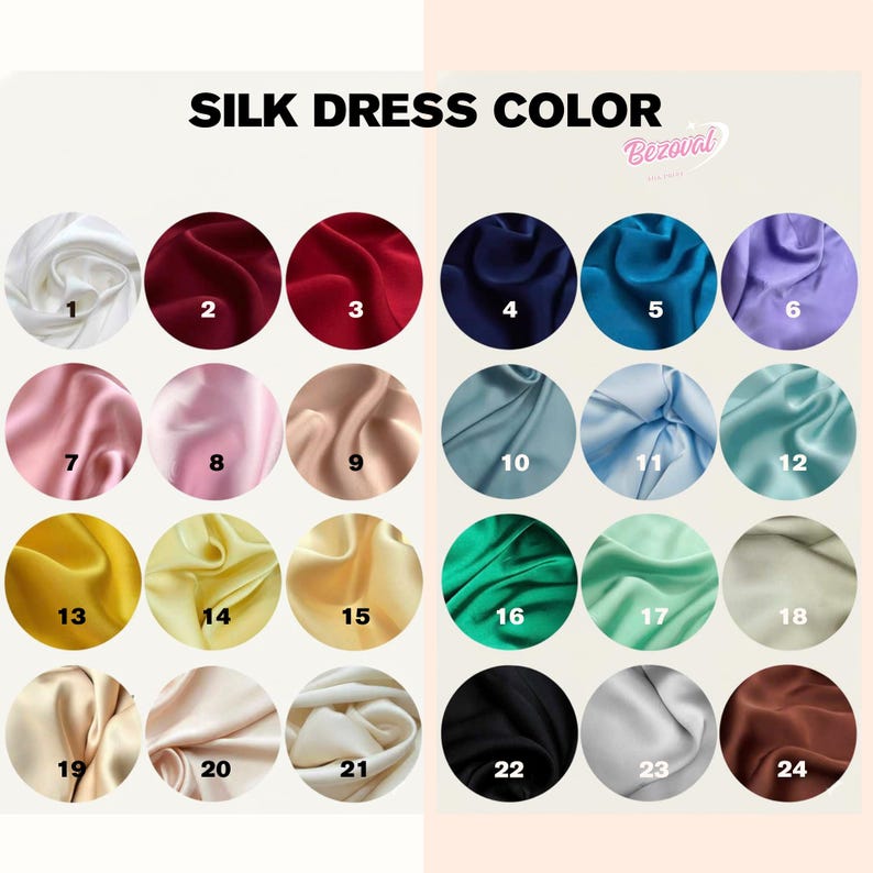 Puede incluir: Carta de colores para vestidos de seda con 24 muestras de tela en varios colores. Las muestras circulares est&aacute;n numeradas e incluyen blanco, rojo, azul, rosa, dorado, verde y marr&oacute;n. El texto "SILK DRESS COLOR" est&aacute; en la parte superior.