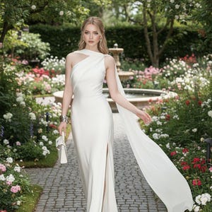 Puede incluir: Vestido de noche blanco de un solo hombro con detalle de capa fluida y abertura alta. El vestido se combina con un peque&ntilde;o bolso de mano blanco. El fondo presenta un jard&iacute;n con un camino de piedra, flores y una fuente.