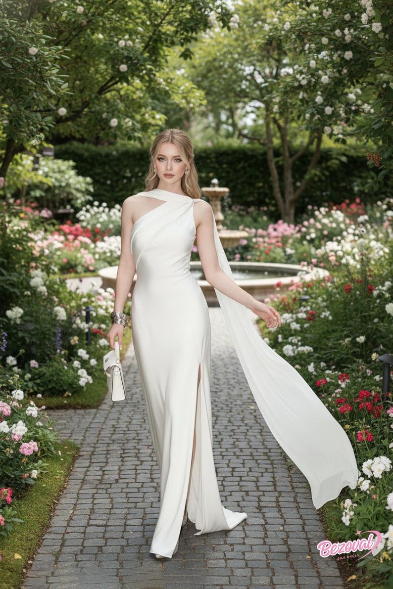 Puede incluir: Vestido de noche blanco de un solo hombro con detalle de capa fluida y abertura alta. El vestido se combina con un peque&ntilde;o bolso de mano blanco. El fondo presenta un jard&iacute;n con un camino de piedra, flores y una fuente.