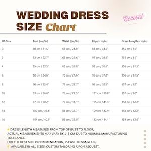 Puede incluir: Una tabla de tallas de vestidos de novia con medidas en cent&iacute;metros y pulgadas. La tabla incluye busto, cintura, caderas y largo del vestido para tallas estadounidenses 0-16. El texto explica c&oacute;mo se mide el largo del vestido.