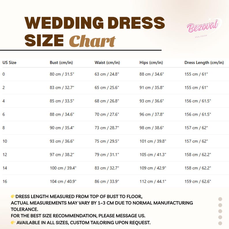 Puede incluir: Una tabla de tallas de vestidos de novia con medidas en cent&iacute;metros y pulgadas. La tabla incluye busto, cintura, caderas y largo del vestido para tallas estadounidenses 0-16. El texto explica c&oacute;mo se mide el largo del vestido.