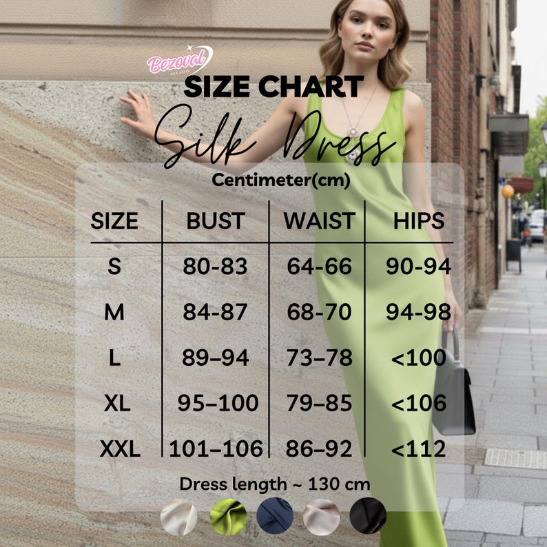 May include: A size chart for a silk dress, with bust, waist, and hip measurements in centimeters. The chart includes sizes S to XXL. The dress length is approximately 130 cm. The model is wearing a lime green silk dress.