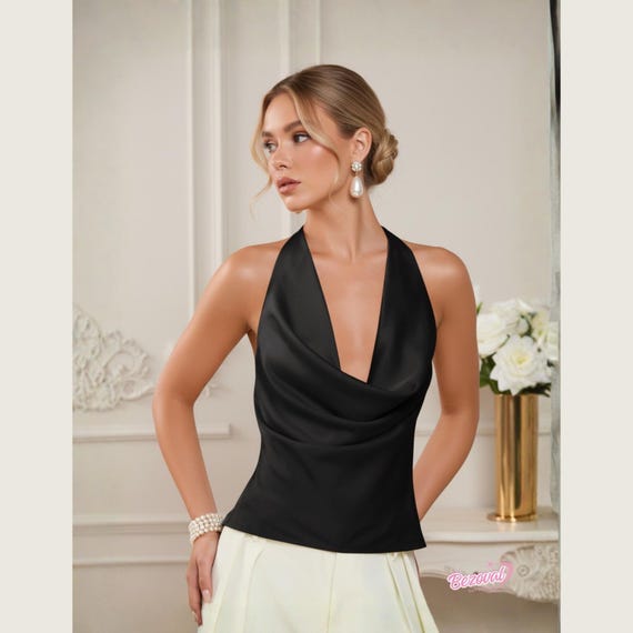 Silk Halter Top Backless Cowl Neck Silk Blouse Tie Neck Open Back Top Elegant Summer Camisole Draped Neck Evening Luxury Silk Top Bridesmaid