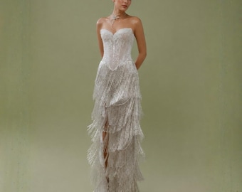 Vestido de novia a medida, vestido de novia con flecos, vestido de recepción nupcial, vestido para el primer baile, vestido de novia brillante, vestido de novia para la fiesta posterior.