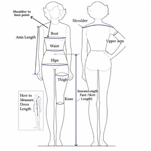 Puede incluir: Dibujo lineal de una figura femenina con medidas corporales etiquetadas, incluyendo busto, cintura, caderas y largo del brazo. La imagen tambi&eacute;n muestra c&oacute;mo medir el largo del vestido y la entrepierna.