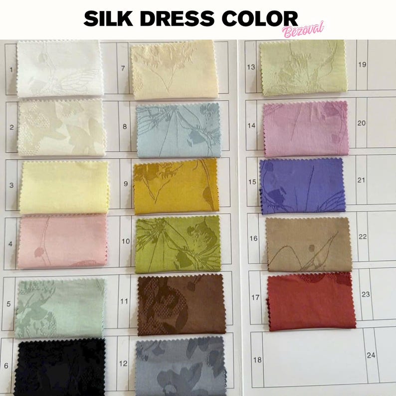 May include: A color chart for silk dress fabric samples. The chart displays 24 fabric swatches in various colors, including white, yellow, pink, green, black, and blue. The text "SILK DRESS COLOR" is at the top.