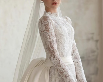 Vestido de novia de encaje de manga larga, vestido de novia de cuello alto, vestido de novia 2 en 1, falda desmontable, vestido de novia modesto hecho a medida