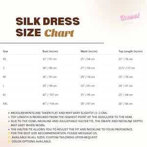 Puede incluir: Tabla de tallas de vestidos de seda, con medidas de busto, cintura y largo superior en pulgadas y cent&iacute;metros. Tallas de la XS a la XXL. Incluye detalles sobre medidas, escote y ajuste halter.