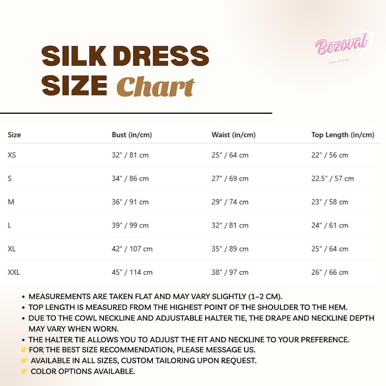 Puede incluir: Tabla de tallas de vestidos de seda, con medidas de busto, cintura y largo superior en pulgadas y cent&iacute;metros. Tallas de la XS a la XXL. Incluye detalles sobre medidas, escote y ajuste halter.