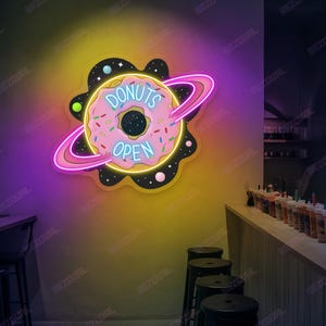 Donuts Open Neon Sign Space Donut LED Light Donut Shops Cafés Bakeries Dessert Decor Donuts Shop Open Planet Wall Decors Custom Sweet Donuts
