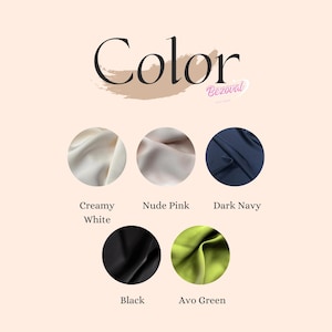 May include: An image displaying fabric swatches in five colors: creamy white, nude pink, dark navy, black, and avo green. The word "Color" is written in a large, elegant font above the swatches. The brand name "Bezoval" is also visible.
