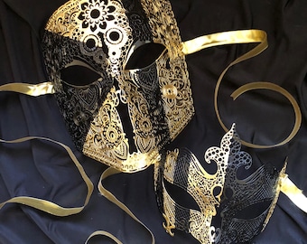 Black and Gold Masquerade Mask Set: Venetian Metal Couple&#39;s Masks