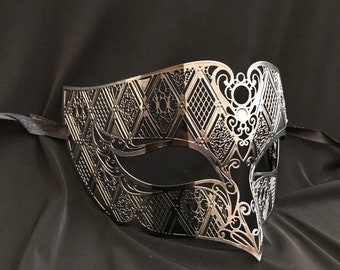 Men's Metal Masquerade Ball Mask Dark Steel Color With Black Stripe