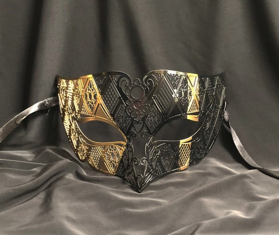 Metal Masquerade Mask Venetian Men's Mask Black And Gold