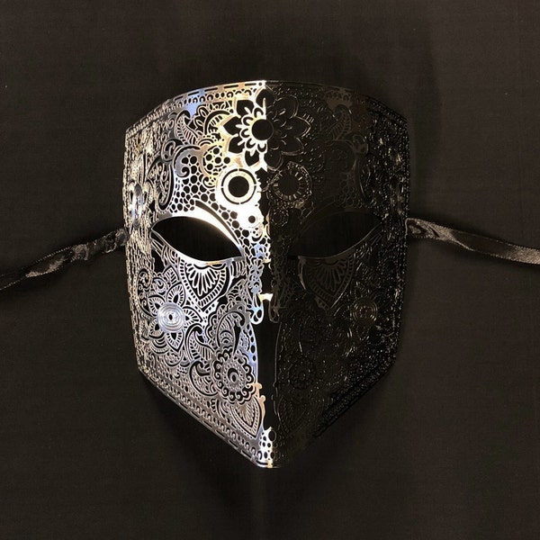 Masque de mascarade homme en métal argenté et noir Masque vénitien homme