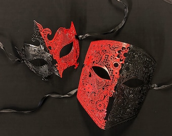 Red and Black Masquerade Mask Set: Venetian Metal Couple&#39;s Masks