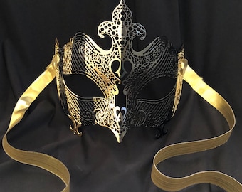 Black and Gold Masquerade Mask: Laser Cut Metal Venetian Mask
