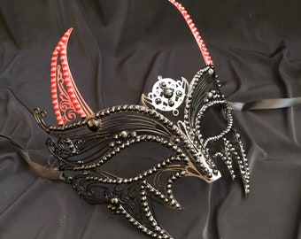 Hand Painted Metal Devil Mask: Beaded Detail, Silk Ribbon Ties