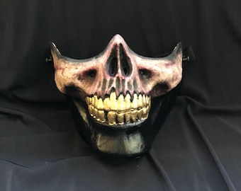 Hand-Painted Half Skull Mask: Gold Teeth, Skeleton Zombie Costume