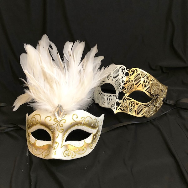 His and Hers Masquerade Masks Gold And White Venetian Masks