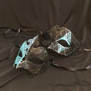 Couples Venetian Masquerade Masks Metal Masks Aqua And Black
