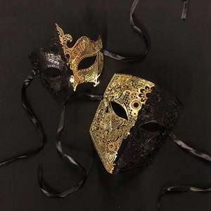 Black And Gold Masquerade Mask Couples Set Venetian Metal Mask Couples Set