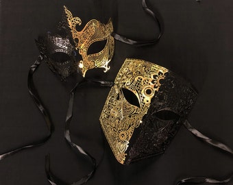 Black And Gold Masquerade Mask Couples Set Venetian Metal Mask Couples Set
