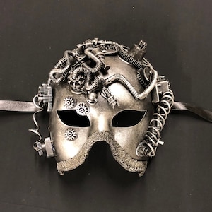 Silver Steampunk Mask: Cyborg Costume, Gear Accents