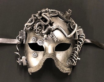 Silver Steampunk Mask: Cyborg Costume, Gear Accents